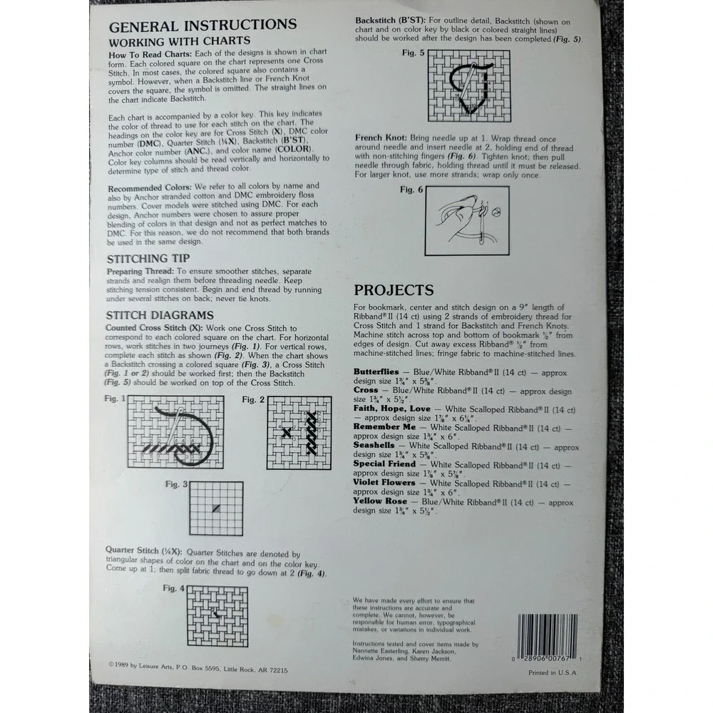 Vintage Leisure Arts Ribband Bookmarks Pattern Leaflet 767 + 14 ct. Bookmark